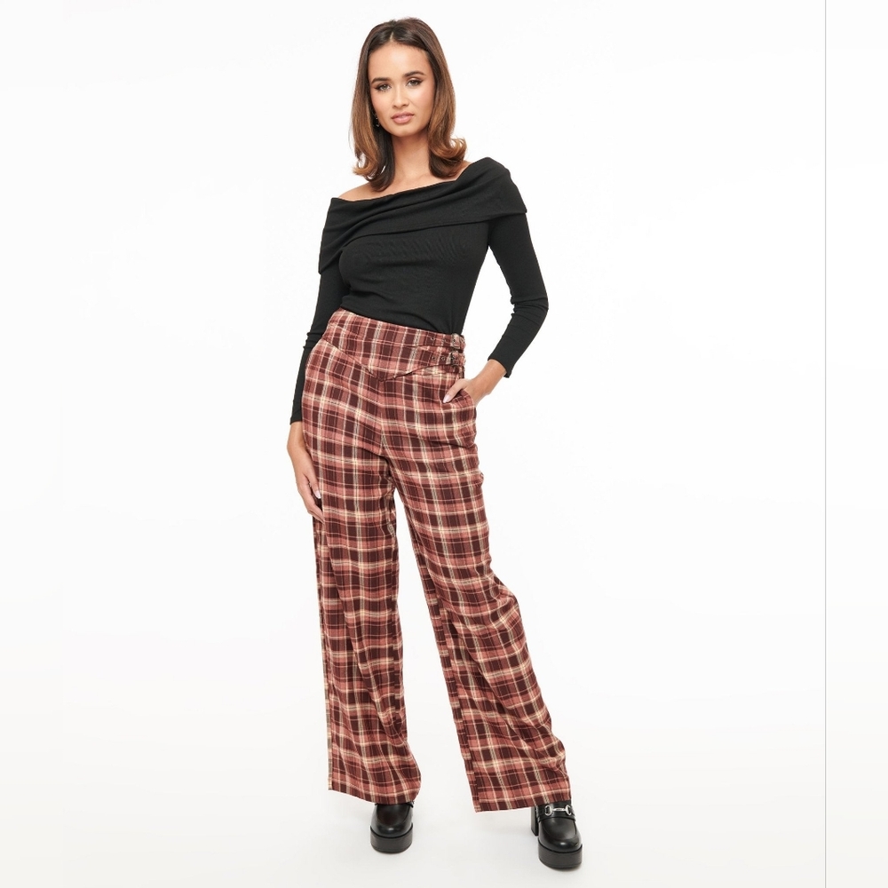 NWT Unique Vintage Burgundy Plaid Double Belt Woven Pants 1X